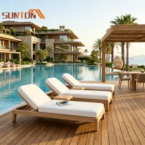 Modern American Waterproof Teak Wood Cushion UV Resistant Foldable Outdoor Sun Lounger for Hotel Villa Beach Use