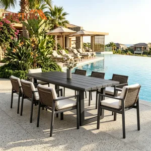 Modern Hotel Cafe 8 Seater Outdoor Patio Aluminum Dining Set Luxury Rectangular Garden Table Chairs Entry Courtyard Resort