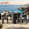 Modern Luxury Outdoor Dining Table and Chair Set with Aluminum Frame and Rope Foldable Waterproof Cushions 6 Seater