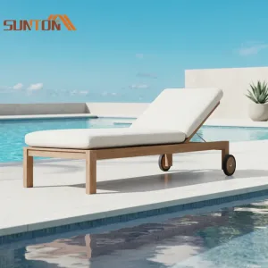 Modern Portable Foldable Eco-Friendly Durable Outdoor Teak Wood Sun Lounger Cushion Wheels Resort Villa Park Hotel Beach