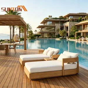 Seaside Villa Solid Teak Outdoor Recliner Waterproof Anti-Corrosion UV Resistant Poolside Lounge Chair Cushions for Hotel