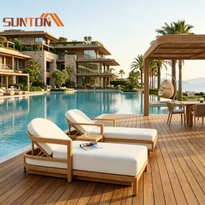 Teak Wood Outdoor Garden Sun Loungers with Cushions Weatherproof Luxury Lounge Chair for Hotel Use