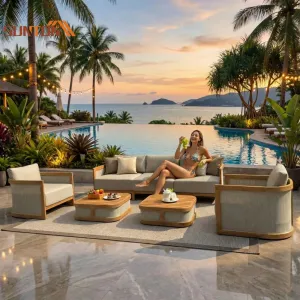 Wholesale HK Indonesian Teak Wood Outdoor Patio Sofa Set with Rust-Proof Waterproof Cushions for Hotel Beach Villa Courtyard Use