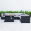 Hand Made Patio Outdoor Rattan Furniture Rope Weaving Sofa Set with Fire Pit Table