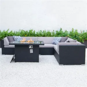 Hand Made Patio Outdoor Rattan Furniture Rope Weaving Sofa Set with Fire Pit Table