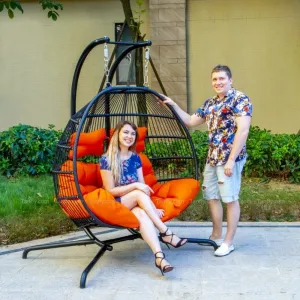 Outdoor Patio Swing Garden Egg Chair 2 Seater Hanging Chair Rattan Swing Egg Chair