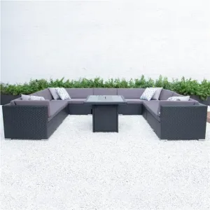 Rustic Outdoor Wicker Fire Pit Table Sofa Set Garden Rattan Furniture