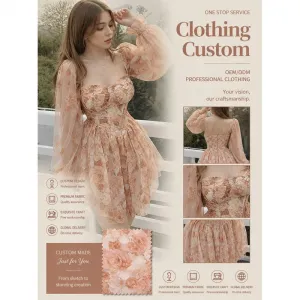 Custom Gentle Elegant Puffy Mini Dress Strapless Corset Boned Waist-Cinched Printed Sheer Long Sleeve Double Layer Tulle Dress