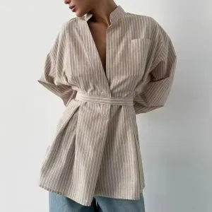 European and American Womens 2026 Summer Vintage Casual Striped Shirt Stand Collar Simple Versatile Long Sleeved Tied Top