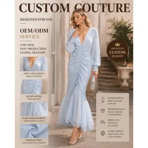 Fashion Deep V Long Sleeve Pearl Ruched Mermaid Maxi Gown Elegant Temperament Dress OEM Custom Supported
