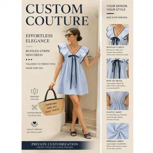Fashion Women Striped Dress With Bow Tie Loose Mini Dress Casual Summer Vacation Dress OEM Custom Supported