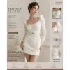 French Sweet Elegant Casual Custom Mini Dress Square Neck Pearl Trim Long Sleeve Hollow Out Cutout Waist Dress