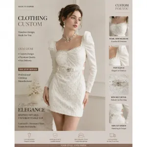 French Sweet Elegant Casual Custom Mini Dress Square Neck Pearl Trim Long Sleeve Hollow Out Cutout Waist Dress