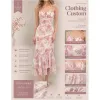 Gentle Printed Elegant Vacation Women Cami with Custom Front Drawstring V-neck Waist Cinched Irregular Ruffle Hem Long Dress