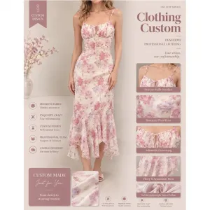 Gentle Printed Elegant Vacation Women Cami with Custom Front Drawstring V-neck Waist Cinched Irregular Ruffle Hem Long Dress