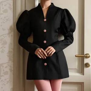 Luxury Woven Solid Stand Collar V Neck Elegant Long Sleeve Custom Mini A-Line High Waist Anti-Wrinkle Blazer Dress