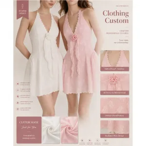 Minimalist Double-Layer Hollow Lace Sweet Custom Halter V-Neck Lace Trim 3D Rose Waist-Cinched A-Line Flared Women Mini Dress