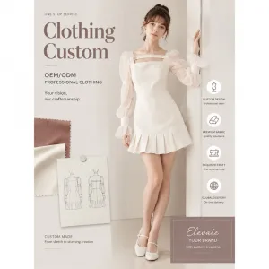 New Arrival French Elegant Banquet Casual Custom Women Dress Square Neck Hollow Out Flare Long Sleeve Pleated Mini Dress