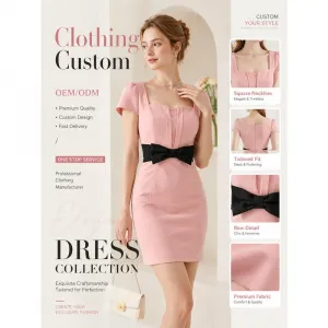 New Women Square Neck Short Sleeve Bodycon Mini Dress Elegant Casual Slim Dress With Bow Waistband OEM Custom Supported