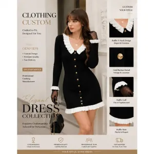 OEM Custom Fashion French Casual Ruffle Mini Dress Waist-Cinched Bodycon V Neck Long Sleeve Knit Dress