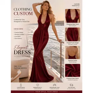 OEM Custom Fashion Satin Evening Party Vacation Maxi Dress Deep V Halter Ruched Mermaid Waist-Cinched Slim Fit Long Dress