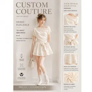 Summer Women Boat Neck Short Sleeve Waist-Cinched Mini Dress Casual Dress With Bow Tie Sash Lace Trim Hem OEM Custom Supported