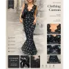 Vintage Ink Wash Floral Tulle Custom Women Lace Deep V Sleeveless Ruched Slimming Mermaid Maxi Dress