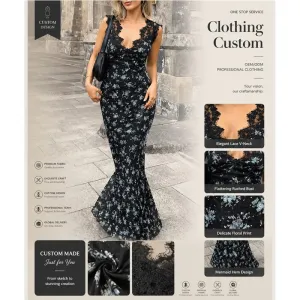 Vintage Ink Wash Floral Tulle Custom Women Lace Deep V Sleeveless Ruched Slimming Mermaid Maxi Dress