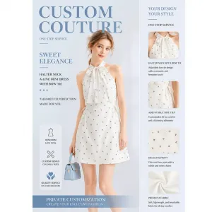 Women Summer Halter Neck Bow Tie Printed Sleeveless Mini Dress Sweet Casual Waist-Cinching Dress OEM Custom Supported