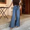 Y2K Womens Breathable Eco-Friendly Skinny Flare Pants Casual Denim Korean Blue Medium Wash Contrasting Color Stitching Low