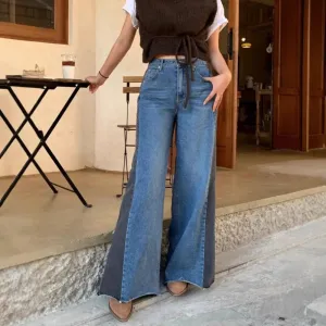 Y2K Womens Breathable Eco-Friendly Skinny Flare Pants Casual Denim Korean Blue Medium Wash Contrasting Color Stitching Low