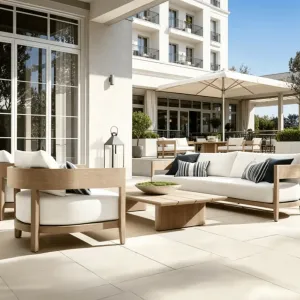 High End Modern Villa Courtyard Hotel Patio Sofa Set Cushions Teak Solid Wood Outdoor Furniture Backyard Garden Set