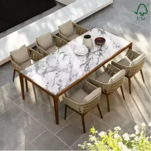 Modern Teak Outdoor Dining Table Chair Set for Hotel Courtyard Villa Use Comfortable Portable Stackable Waterproof Cushions