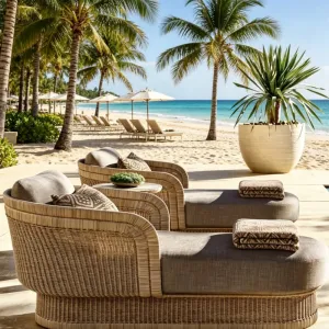 Rattan Garden Lounge Chairs Set Outdoor Furniture Rattan Wicker Lounger and Daybed Set Patio Waterproof Set for Hotel Park Use