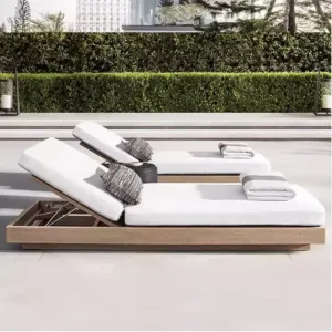 Wholesale Custom OEM Solid Teak Wood Outdoor Lounge Chair Commercial Hotel Resort Patio Sun Lounger With Cushions