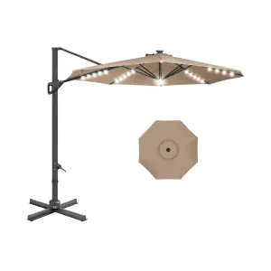 Best Choice 10ft Solar LED Polyester Waterproof Aluminum Modern Cantilever Patio Umbrella 360-Degree Rotation Easy Tilt Cross