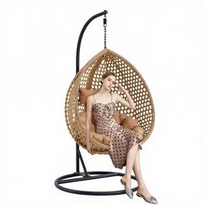 Hanging Egg Chair Stand Cushions Outdoor Rattan Swing Chair 350 Lbs Capacity Aluminum Steel Frame Patio Balcony Backyard (Light