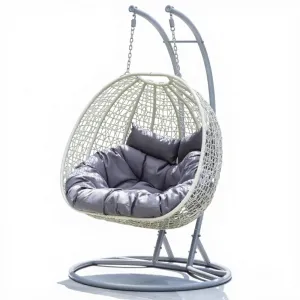 MSZ Double Hanging Egg Chair Light Grey Cocoon Swing Seat Cushions Stainless Steel 2-Seater Garden Patio Swing
