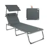Modern Metal Carbon Garden Lounger 5-Way Adjustable Backrest Roof Headrest 180 kg Weatherproof Foldable Deck Chair