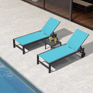 Modern Outdoor Aluminum Patio Lounge Chair 5 Adjustable Position Recliner Turquoise Blue Sun Lounger Wheels Side Table Cushion