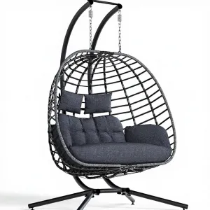 SWITTE Double Egg Swing Chair Outdoor Furniture Indoor Patio Lawn Garden 2 Person Wicker Hammock with Cushion Dark Grey