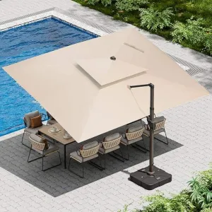 10x13FT Aluminum Cantilever Outdoor Furniture Patio Umbrella LED Lights Base Included UV Resistant Heavy Duty Double Top