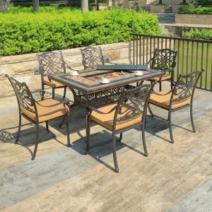 All Weather Portable Outdoor Patio Balcony Rectangle Table 6 Chairs Garden Dining Room Cast Aluminum Barbecue 7 Piece Dining Set