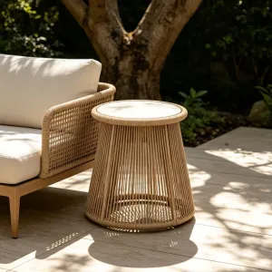 All Weather Residential Villa Patio Side Table Aluminum Frame Outdoor Hotel Garden Woven Rope Sintered Stone Top Round End Table