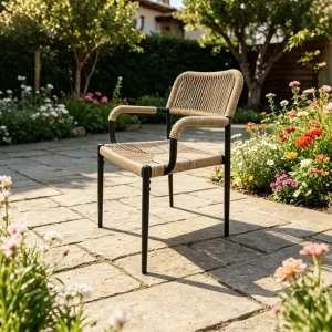 Brown Garden Backyard Cafe Bistro Aluminum Armchairs Furniture Outdoor Patio Hotel Restaurant Rope Dining Chair with Armrests