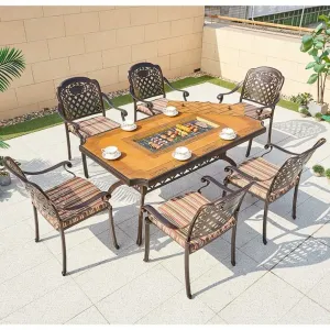 Casting Aluminum Restaurant Dining Set Outdoor Beach Garden Patio Party BBQ Grill Long Table Charcoal 6 Person Chairs