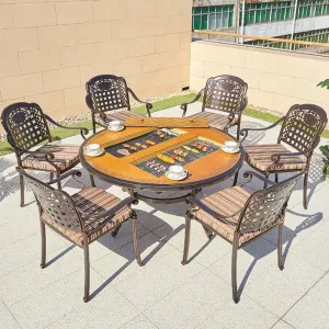 Casting Aluminum Villa Backyard Table Set Furniture Outdoor Waterproof Park BBQ Grill Round Table Charcoal 6 Person