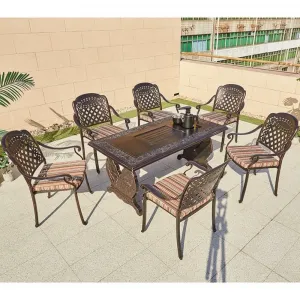 Chinese Luxury Outdoor Garden Long Tea Table Casting Aluminum Dinning Table Set 6 Chairs Dining Room Furniture