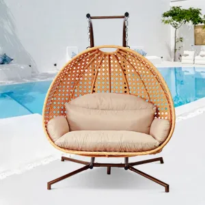 Comfortable Orange Luxury Outdoor Garden Patio Furniture Poolside Balcony 2 Seater Double Rattan Egg Hanging Seating Swing Chair
