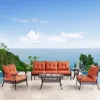 Commercial Modern Garden Sectional Couch Furniture Outdoor Patio 4 Piece Cast Aluminum Conversation Sofa Set with Red Cushion